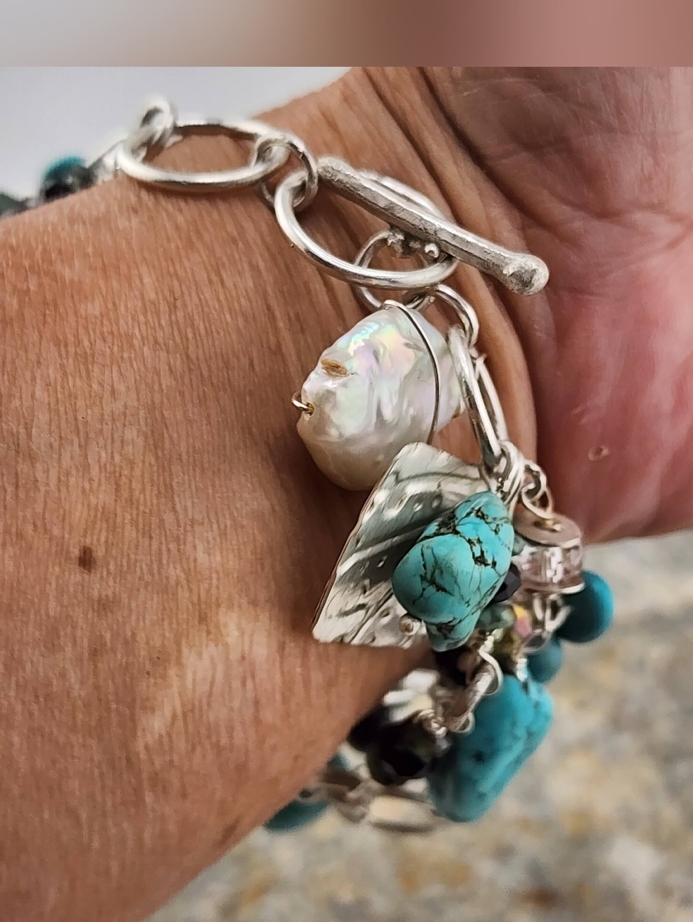 BANGLE HANDMADE BRACELET TURQUOISE, ONYX & PEARLS HANDMADE IN STERLING SILVER - Picture 12 of 14